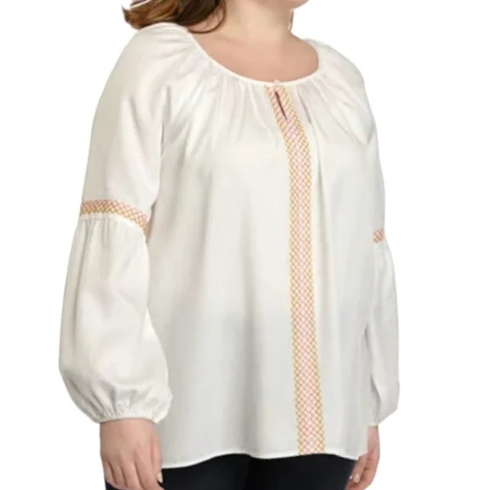 New Directions Peasant Top Womens XL White Embroidered Keyhole Neck Boho NEW
